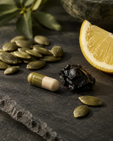 capsule with shilajit, seeds and lemon