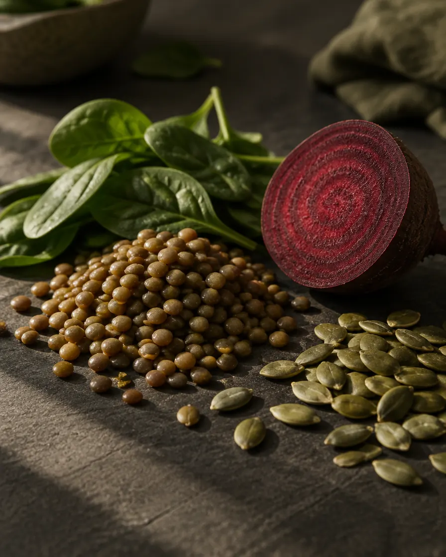 lentils, spinach, beetroot and seeds