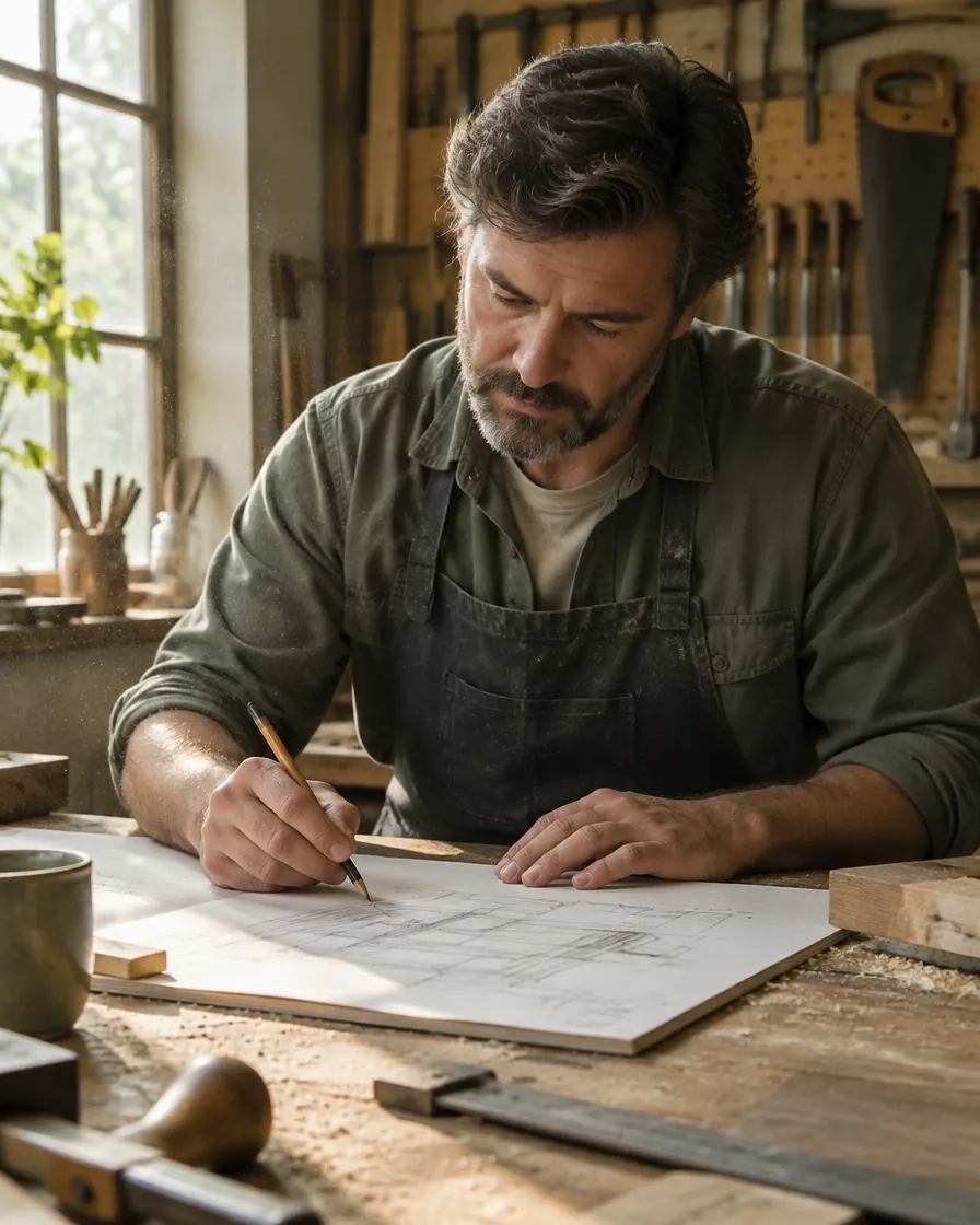 sketching plans at a workbench
