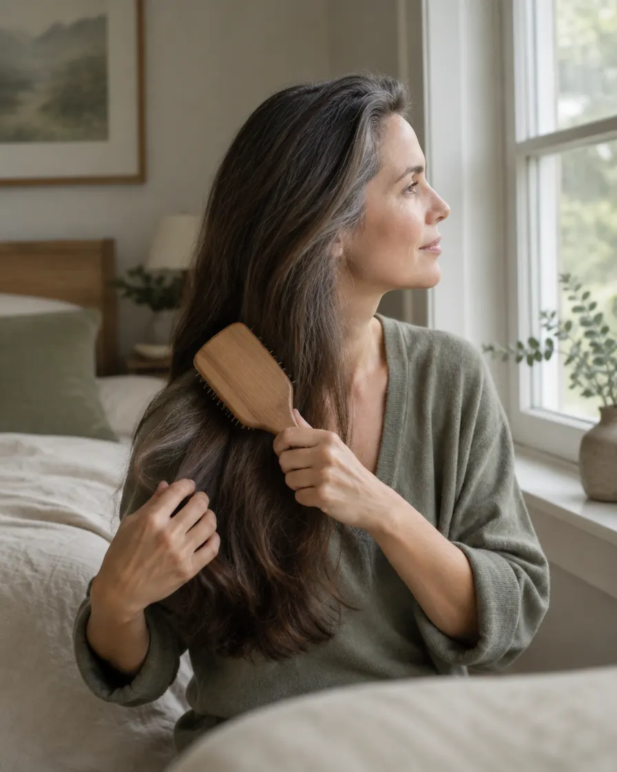 brushing long hair by the window