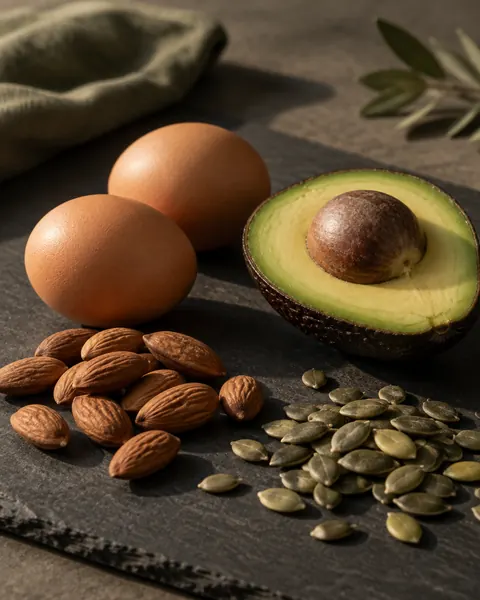 eggs, avocado, almonds and seeds
