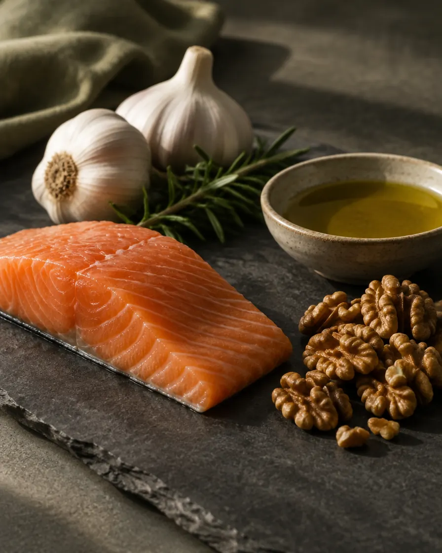 salmon, walnuts, olive oil and garlic