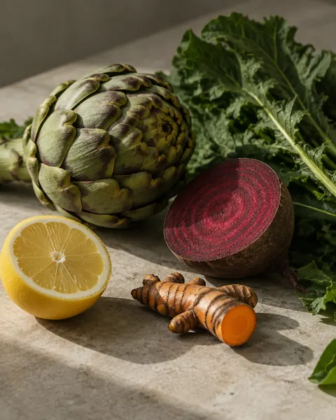 artichoke, beetroot, greens, lemon, turmeric