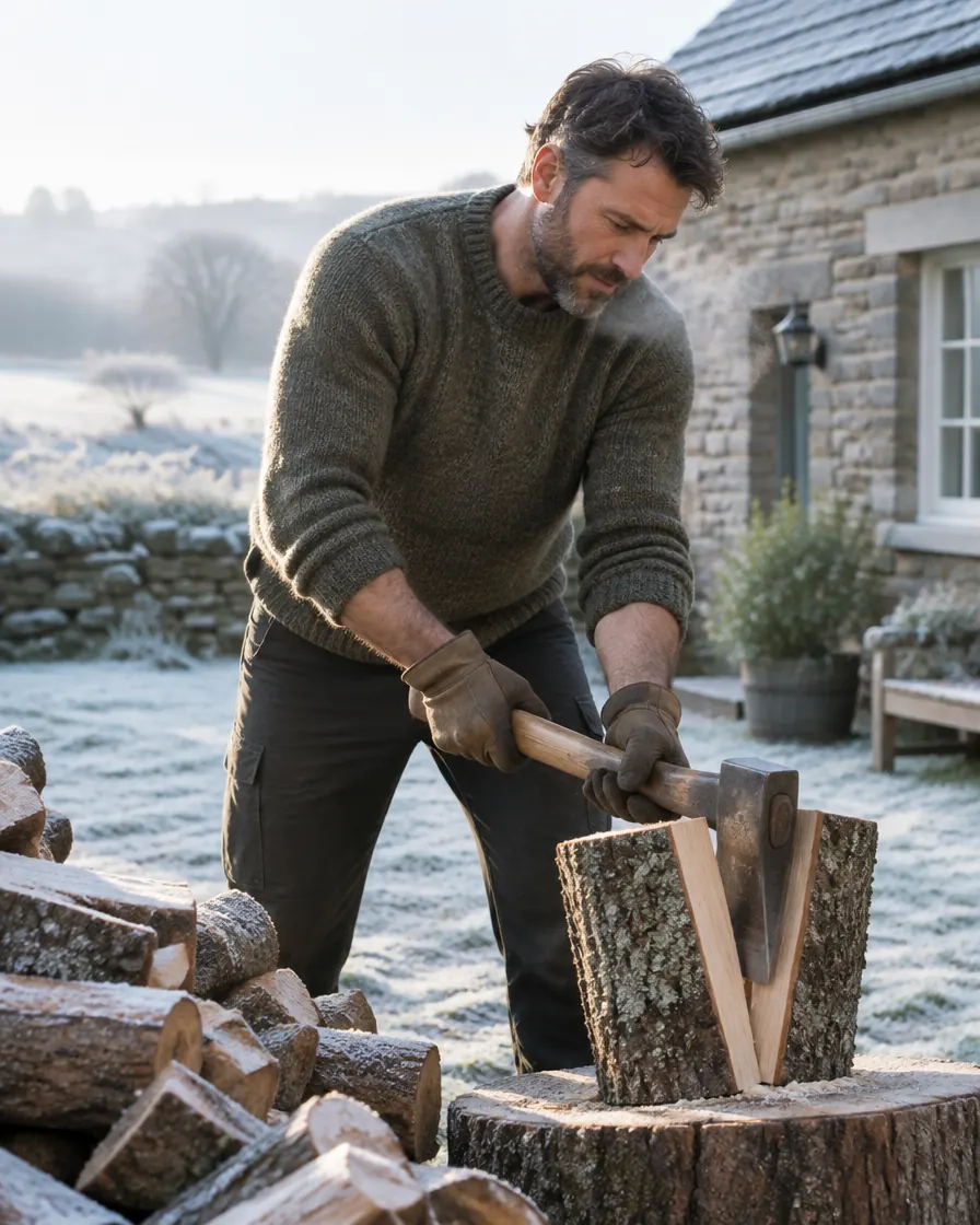 splitting firewood on a frosty morning
