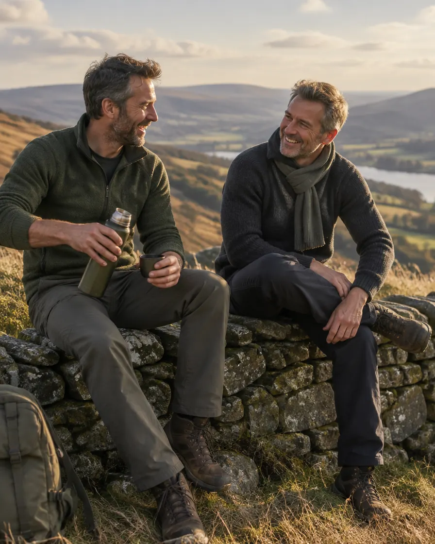 two friends laughing after a hike