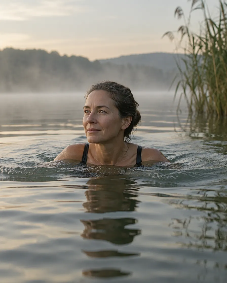 dawn swim in a calm lake