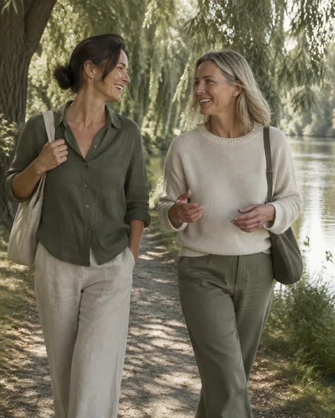 two friends on a riverside walk