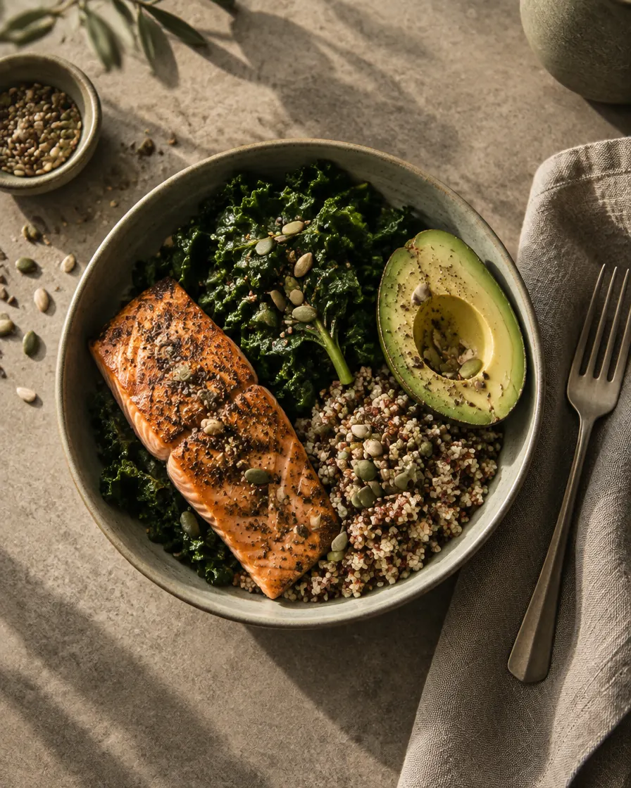 balanced salmon and quinoa bowl