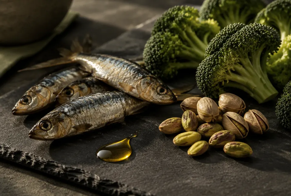 sardines, pistachios and broccoli