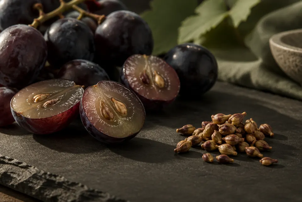 halved grapes showing seeds
