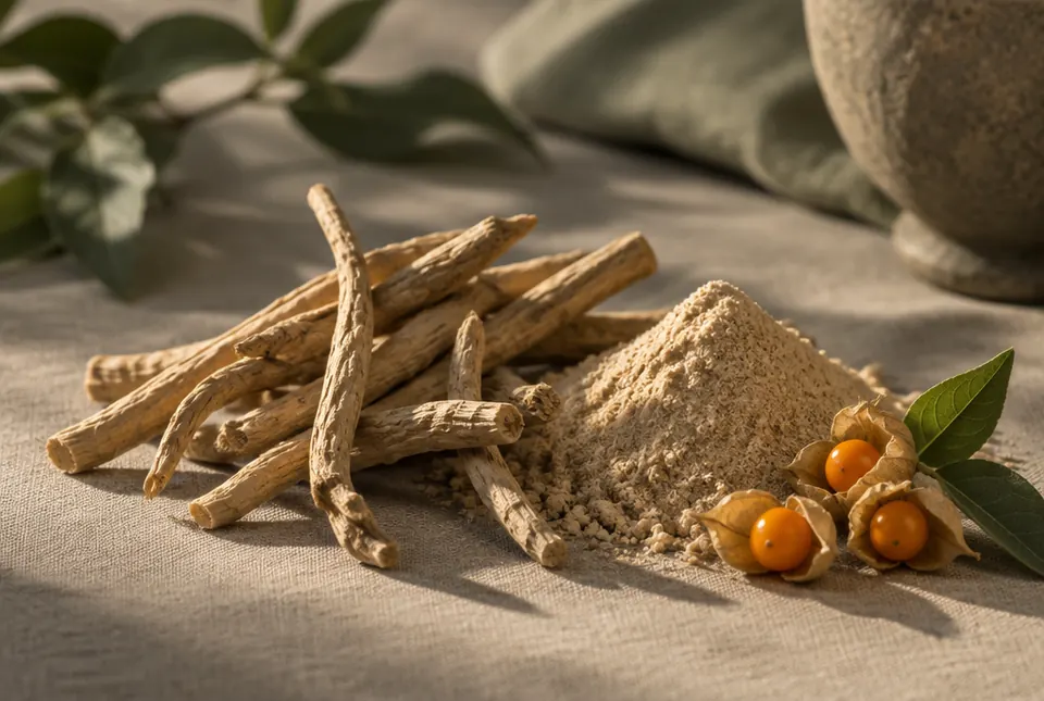 ashwagandha roots, powder and berries