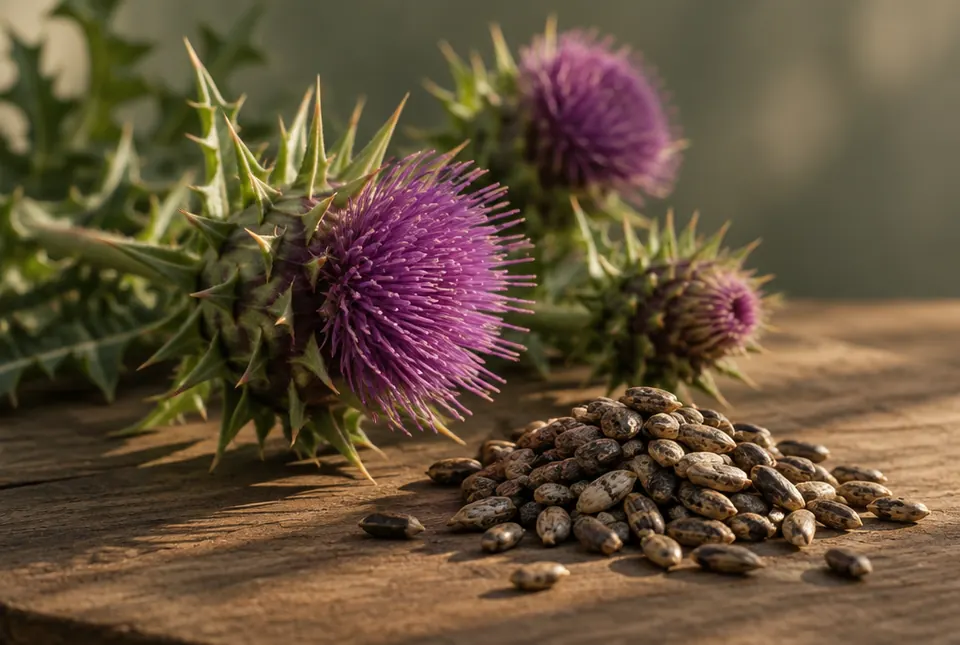 milk thistle flowers and seeds