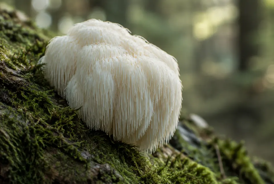 lion's mane mushroom on a mossy log