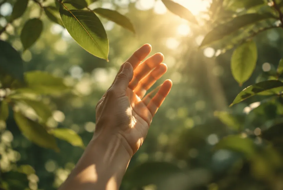 sunlight through leaves on a hand
