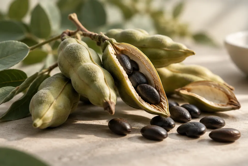 griffonia seed pods and dark seeds