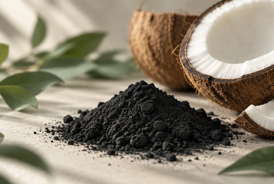 fine black charcoal powder beside coconut shells