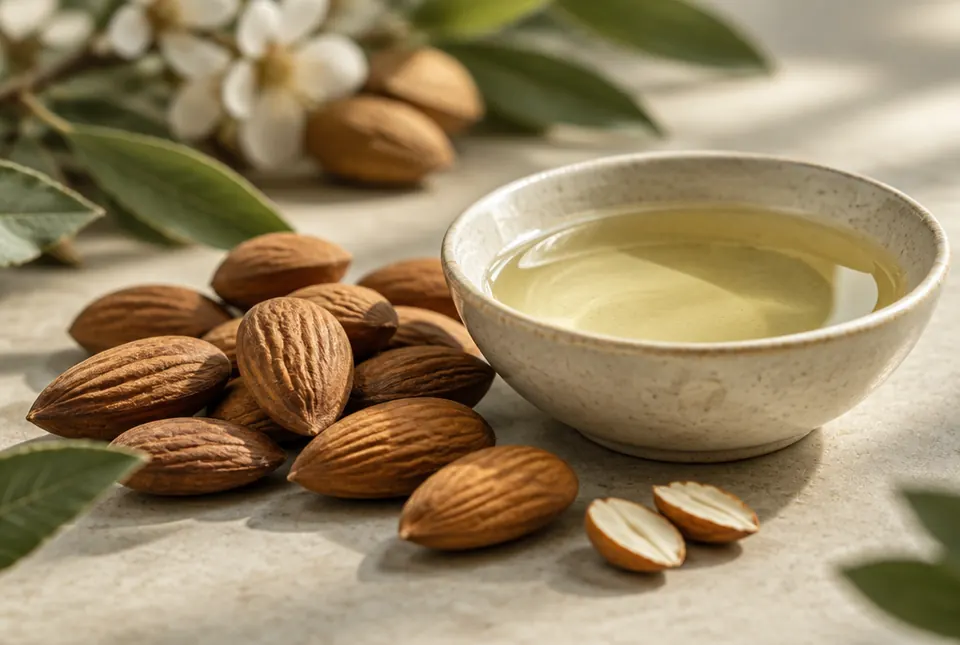 almonds and a dish of pale oil