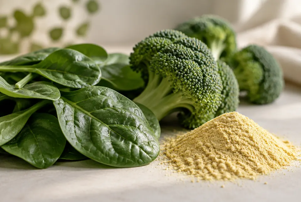 spinach and broccoli beside fine yellow powder