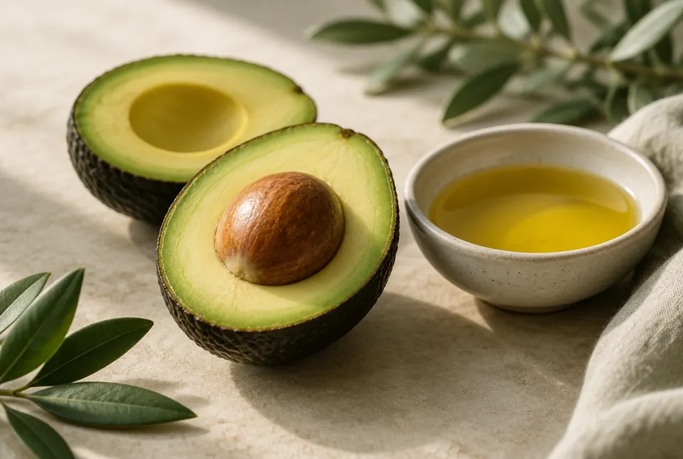 halved avocado with a dish of oil