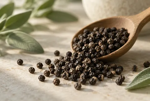 black peppercorns spilling from a wooden spoon