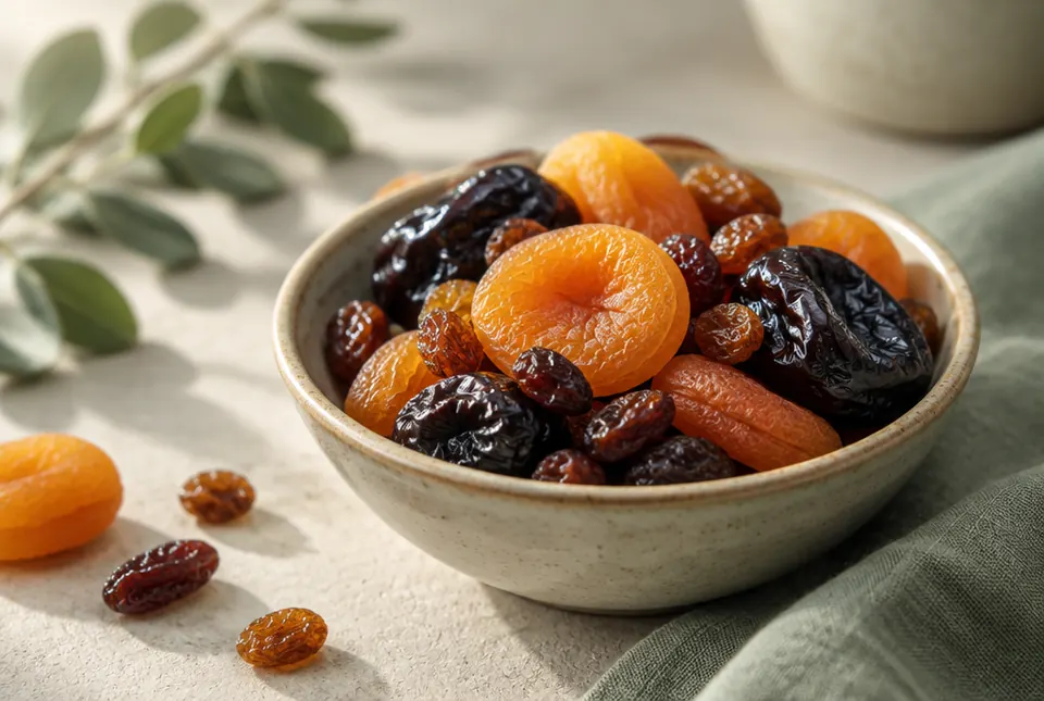 dried apricots, prunes and raisins in a small dish