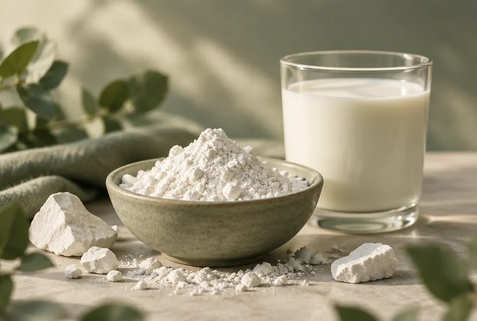 white chalky mineral powder and a glass of milk