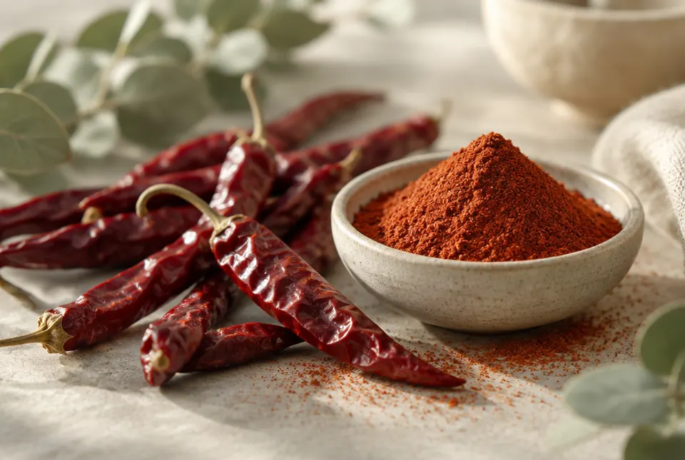 dried red cayenne peppers and chilli powder