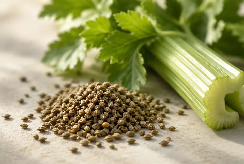 celery seeds beside a celery stalk