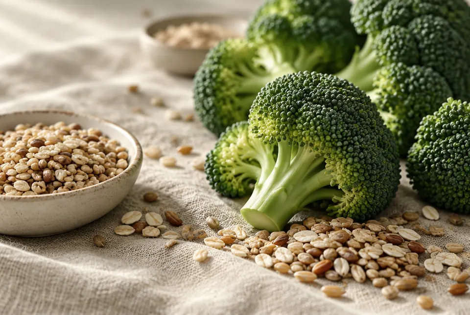 broccoli florets and whole grains on linen
