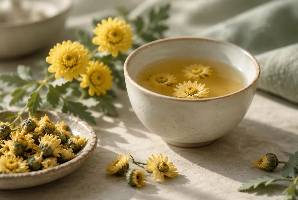 small yellow chrysanthemum flowers and tea