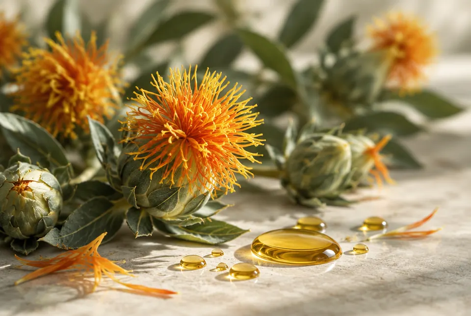 safflower blossoms and golden oil droplets