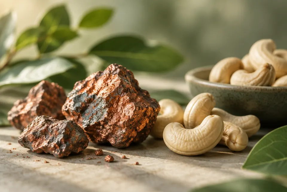 raw copper ore nuggets beside cashew nuts
