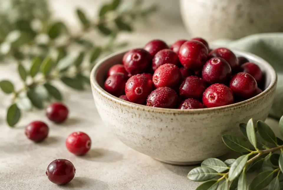fresh red cranberries in a ceramic bowl