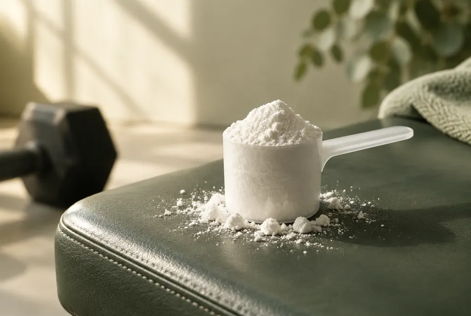 white creatine powder in a scoop on a gym bench