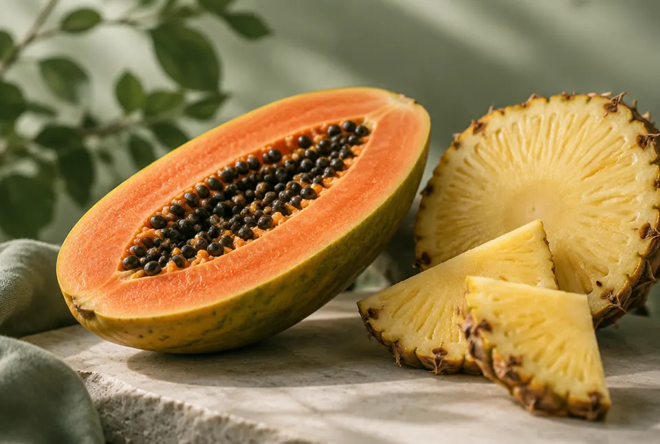 halved papaya and pineapple slices