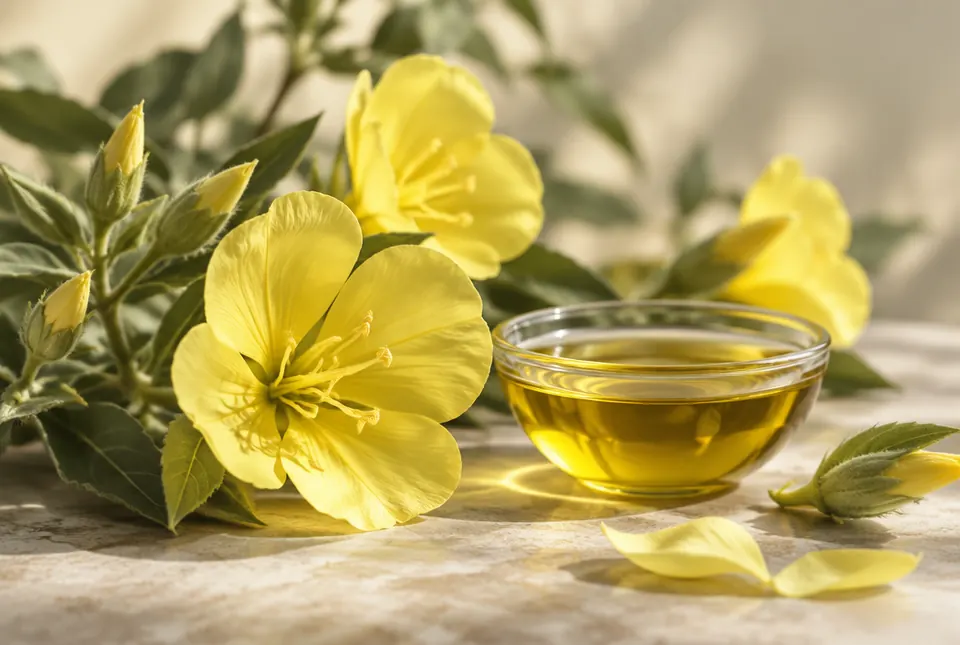 yellow evening primrose flowers and golden oil