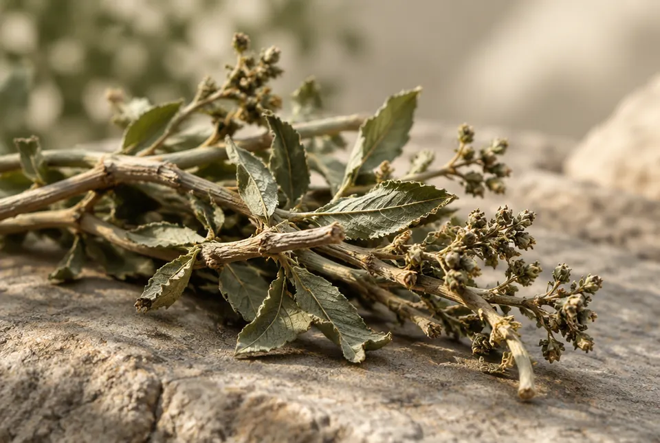 dried fadogia agrestis stems and leaves on stone