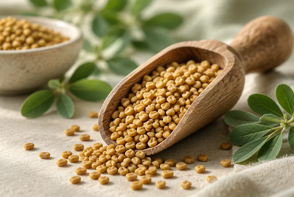 golden fenugreek seeds in a wooden scoop