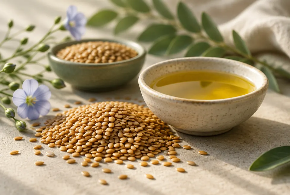 golden flaxseeds and a small dish of oil