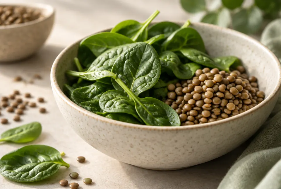 fresh spinach leaves and lentils in a ceramic bowl