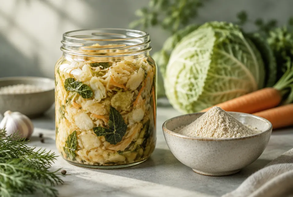 fermented vegetables in a glass jar beside fine powder