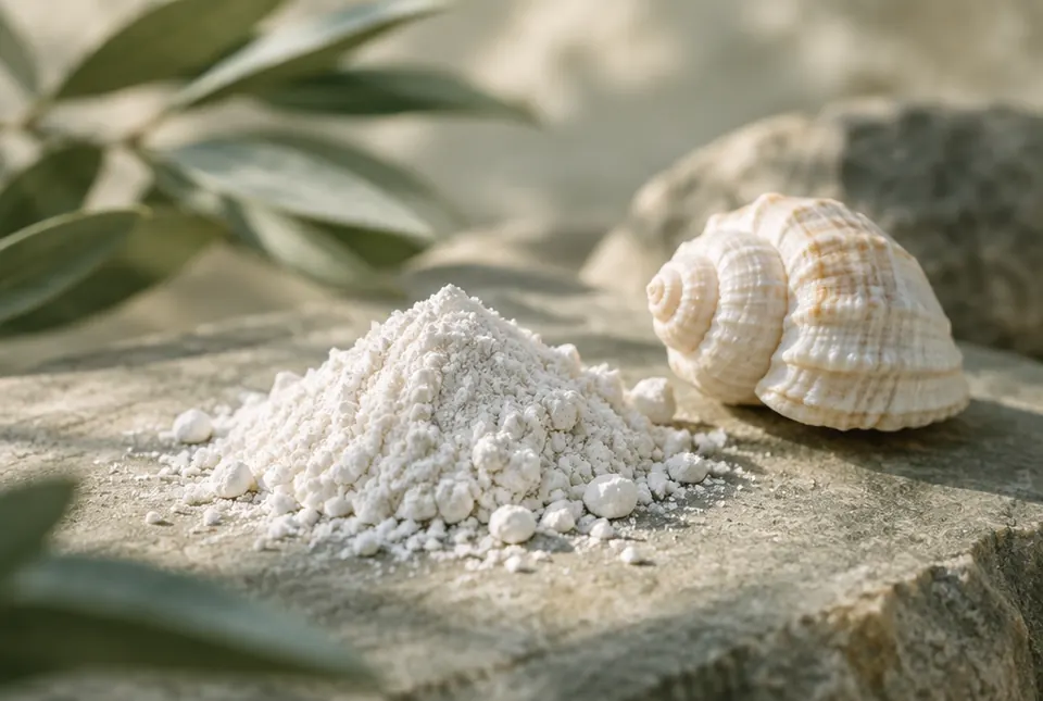 white powder beside a seashell on stone