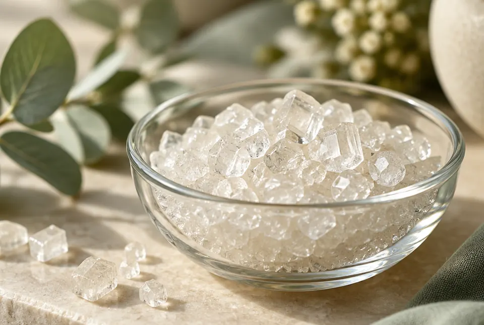clear sugar-like crystals in a glass dish