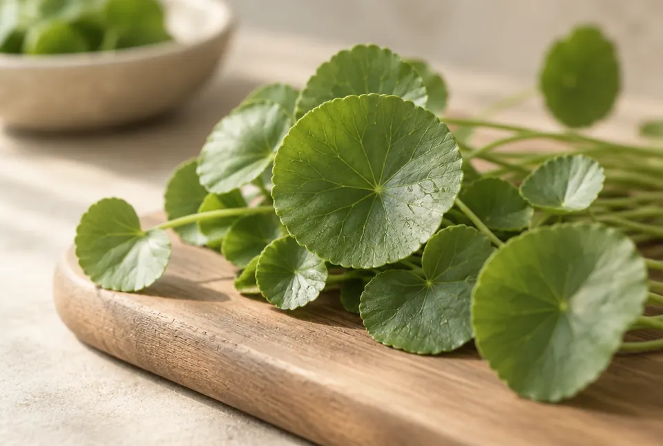 round gotu kola leaves on a wooden board