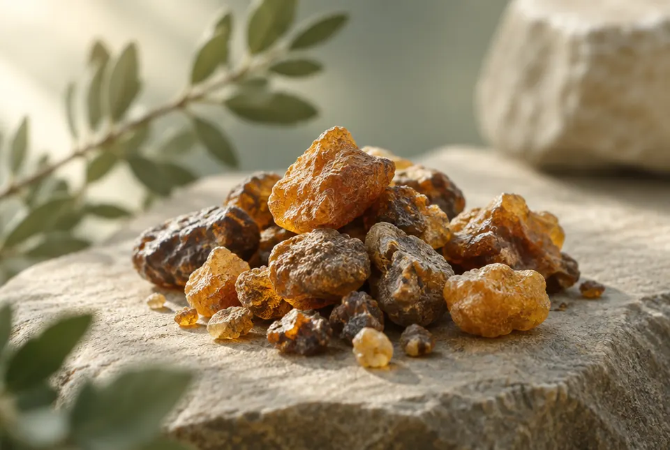 amber guggul resin pieces on stone