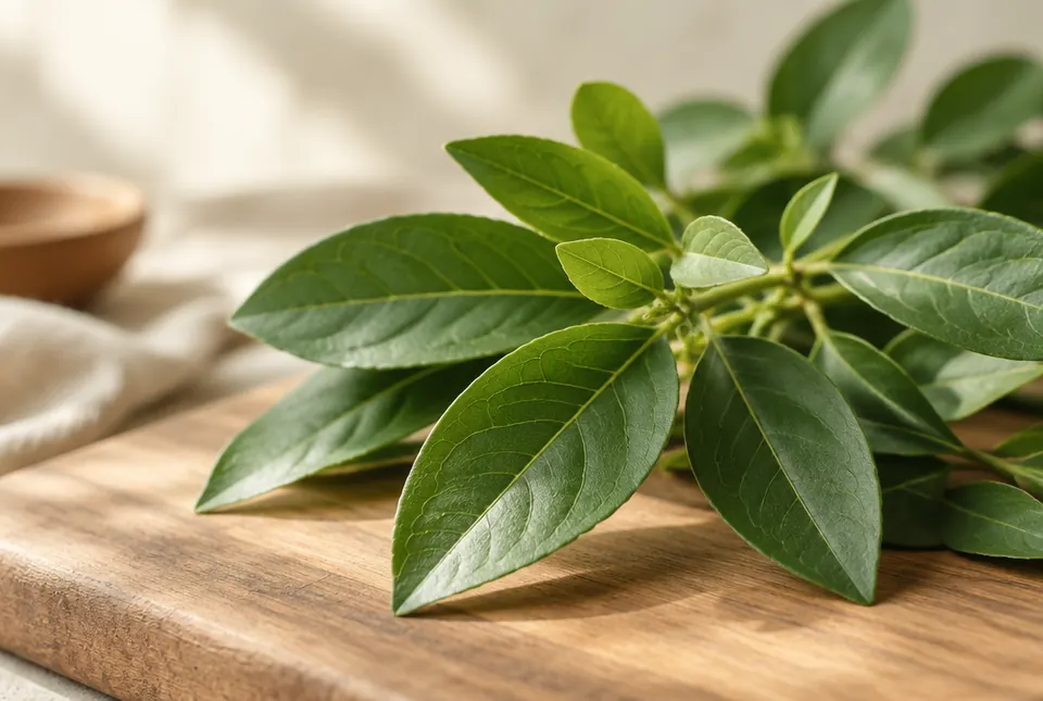 green gymnema leaves on a wooden board