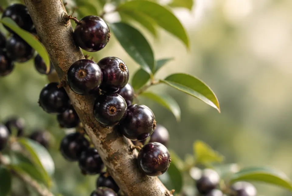 dark purple jaboticaba berries on a branch