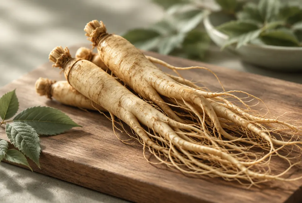 whole Korean ginseng roots on a wooden board