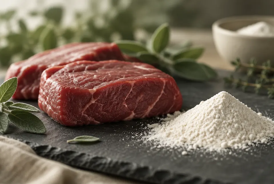 lean beef and fine white powder on slate