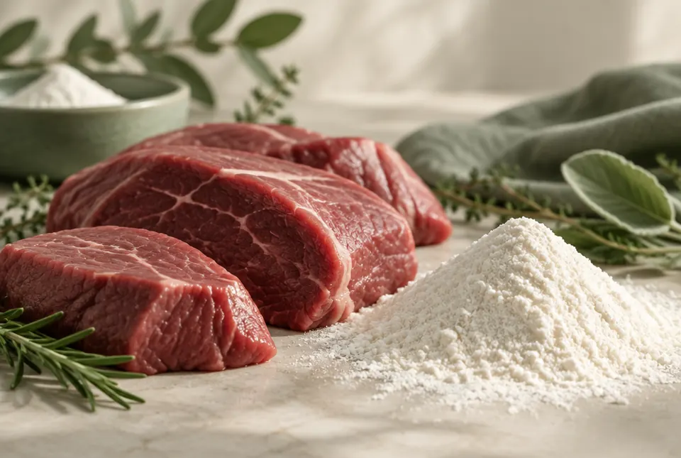 lean red meat cuts beside fine white powder
